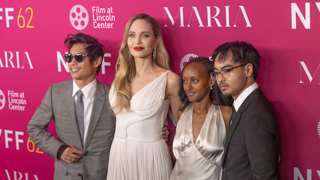 Pax Thien Jolie, Angelina Jolie, Zahara Marley Jolie, and Maddox Chivan Jolie attend the "Maria" Premiere - 62nd New York Film Festival at Alice Tully Hall on September 29, 2024 in New York City