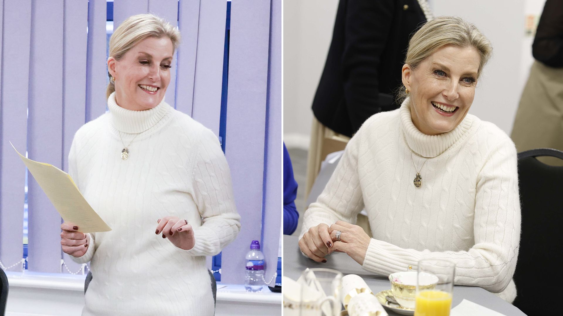 Duchess Sophie smiling in a cream knitted jumper