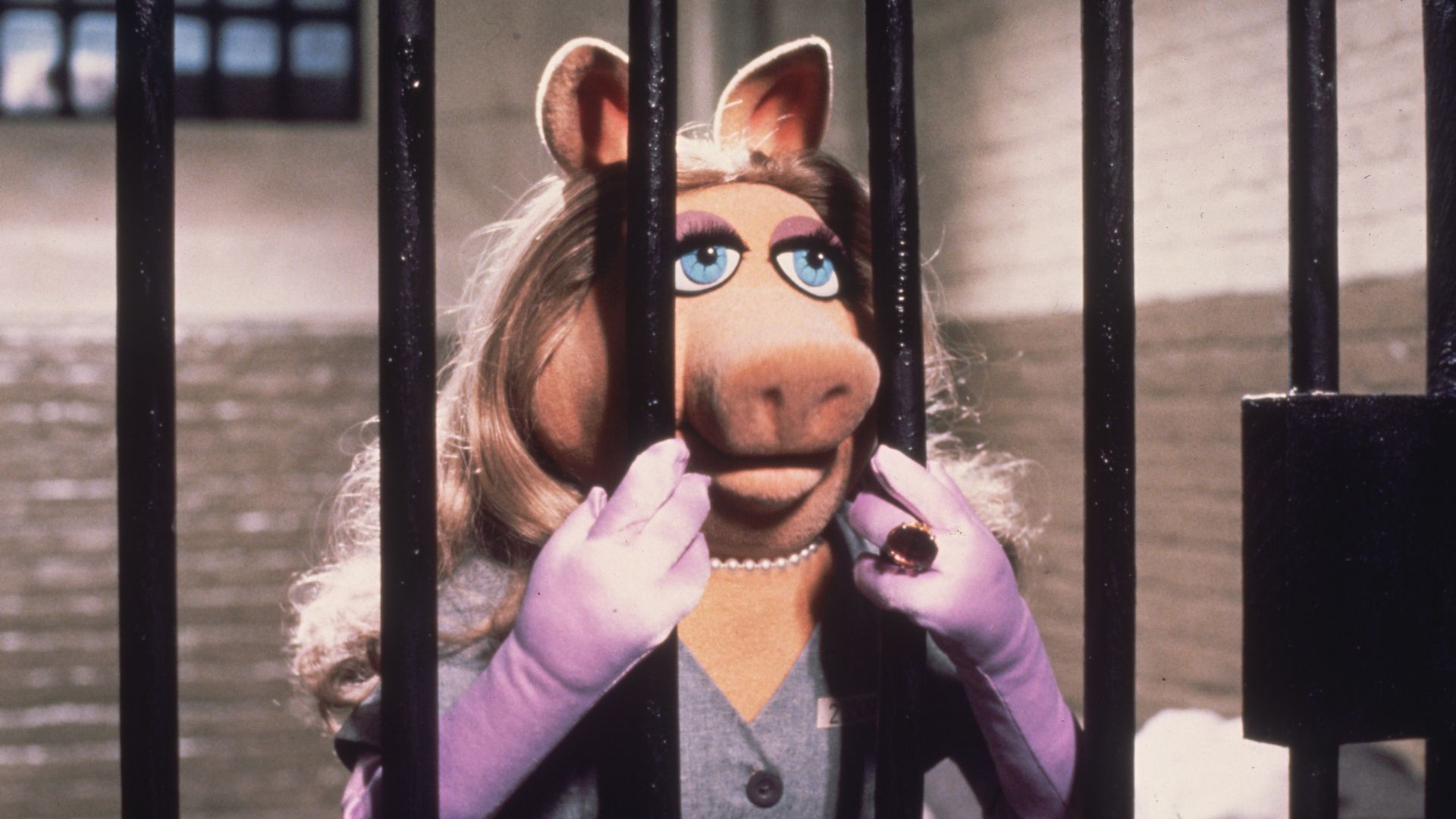 Miss Piggy is framed for the theft of a jewel and languishes in jail in Jim Henson's 'The Great Muppet Caper'.