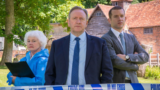 Fleur Perkins (ANNETTE BADLAND), DCI John Barnaby (NEIL DUDGEON) and DS Jamie Winter (NICK HENDRIX) in Midsomer Murders