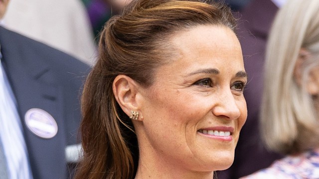 Pippa Matthews wearing a floral dress in the Royal Box for the start of the Mens Singles Final at The Wimbledon Lawn Tennis Championship at the All England Lawn and Tennis Club at Wimbledon on July 14th, 2024 in London, England. 