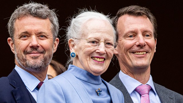  Queen Margrethe of Denmark, Crown Prince Frederik of Denmark and Prince Joachim of Denmark at the balcony of Amalienborg Palace at the 83th birthday of the Danish Queen on April 16, 2023