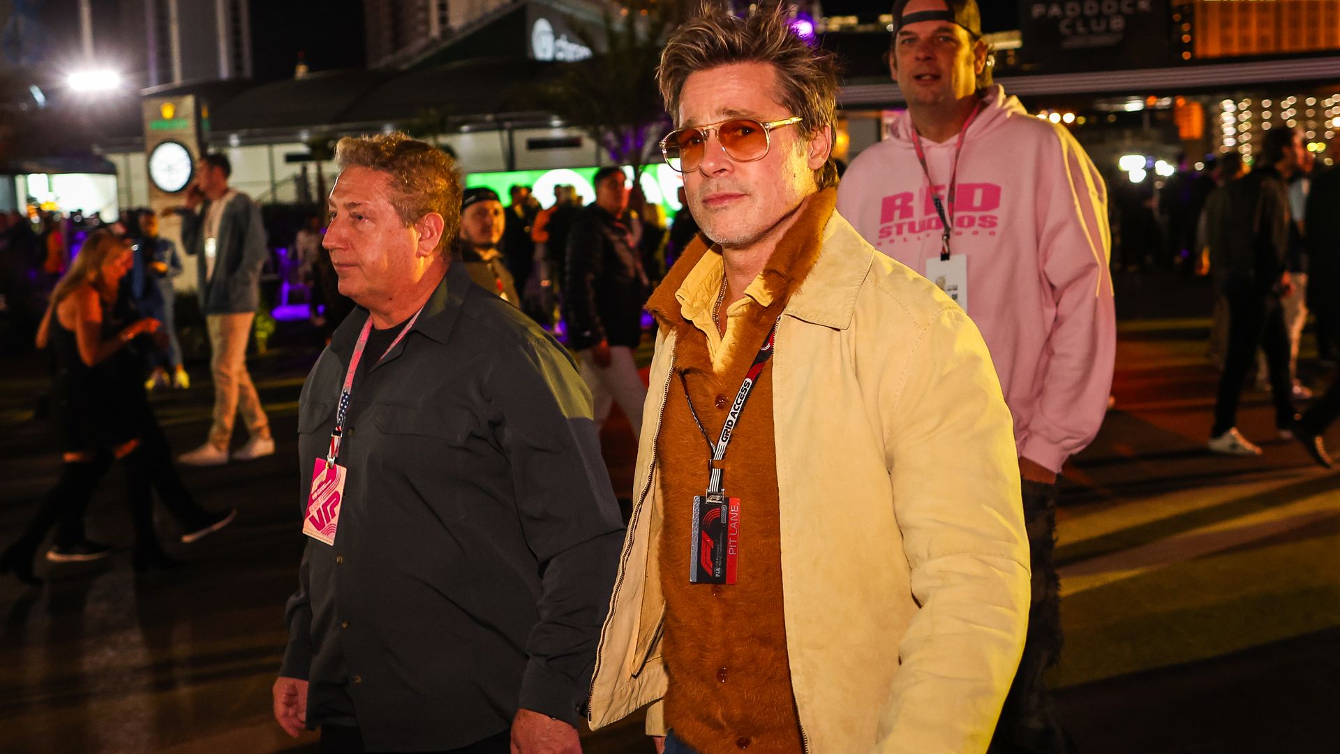 Brad Pitt channels Fight Club character Tyler Durden as he arrives at F1 Grand Prix