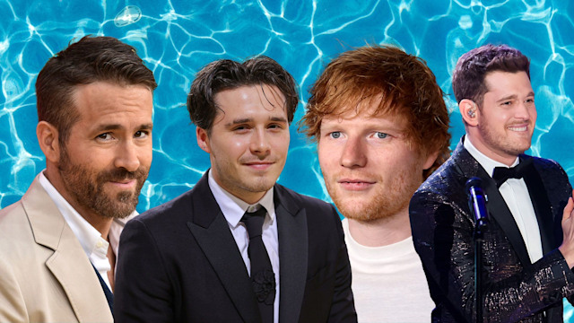 Ryan Reynolds, Brooklyn Beckham, Ed Sheeran, Michael Buble on blue water background