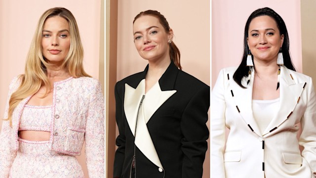 Margot Robbie, Emma Stone, and Lily Gladstone at the 96th Oscars Nominees Luncheon