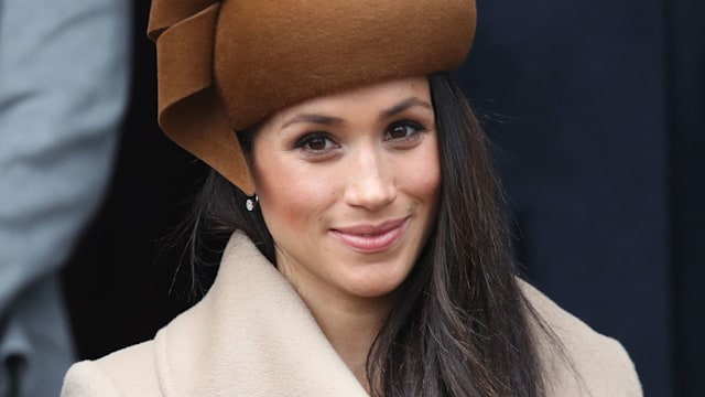 Meghan Markle in brown hat and camel coat