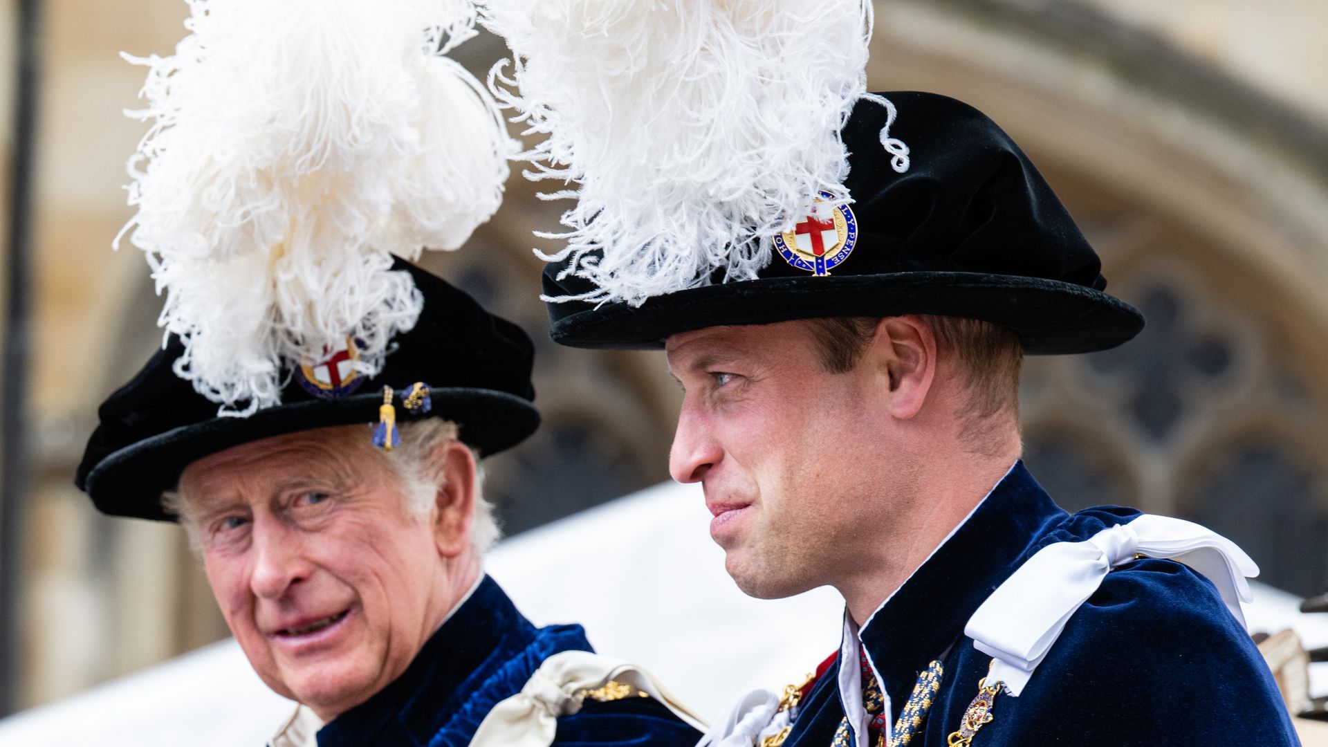 King Charles and Prince William in feathered hats