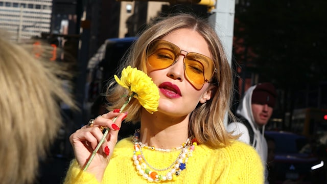 Gigi Hadid is seen filming a commercial for 'Maybelline' in Downtown, Manhattan on November 13, 2024 in New York City.