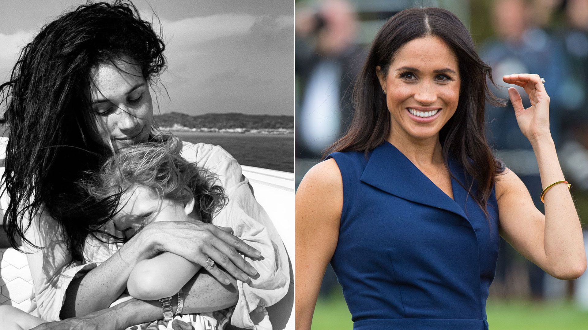 Princess Lilibet black and white photo in meghan's lap beside photo of meghan in navy dress
