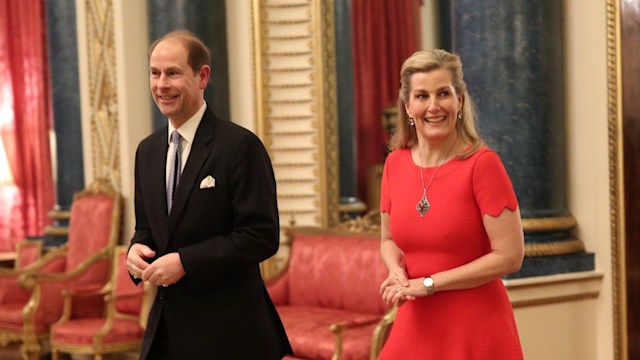 Prince Edward and Duchess Sophie of Edinburgh in red dress at reception to mark the UK-Africa Investment Summit at Buckingham Palace