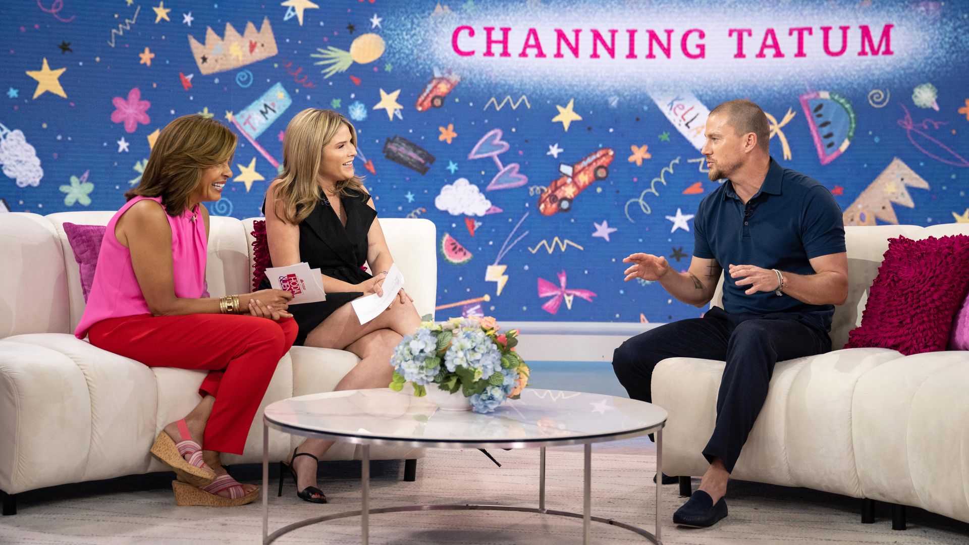 Channing sat talking with Hoda and Jenna (sat opposite) on their show