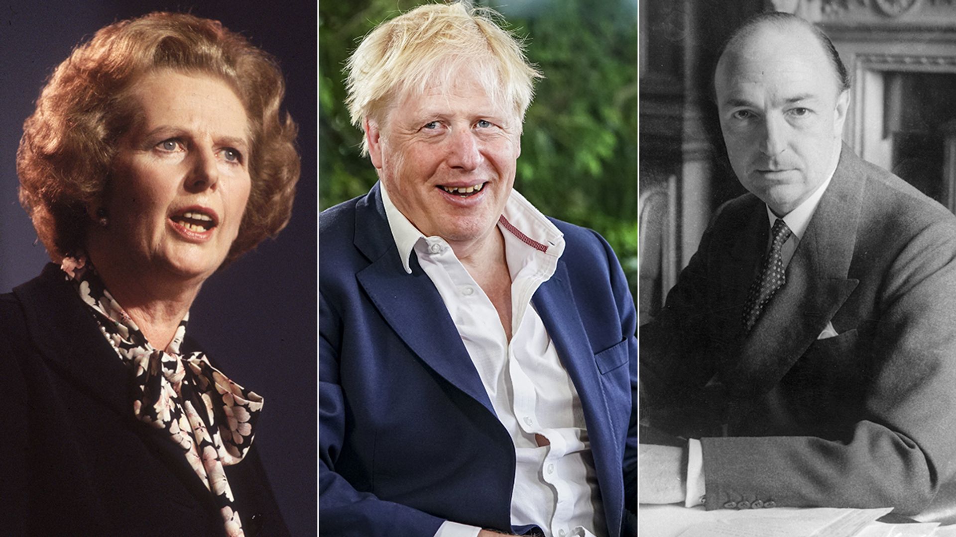 Split image of Margaret Thatcher, Boris Johnson and John Profumo