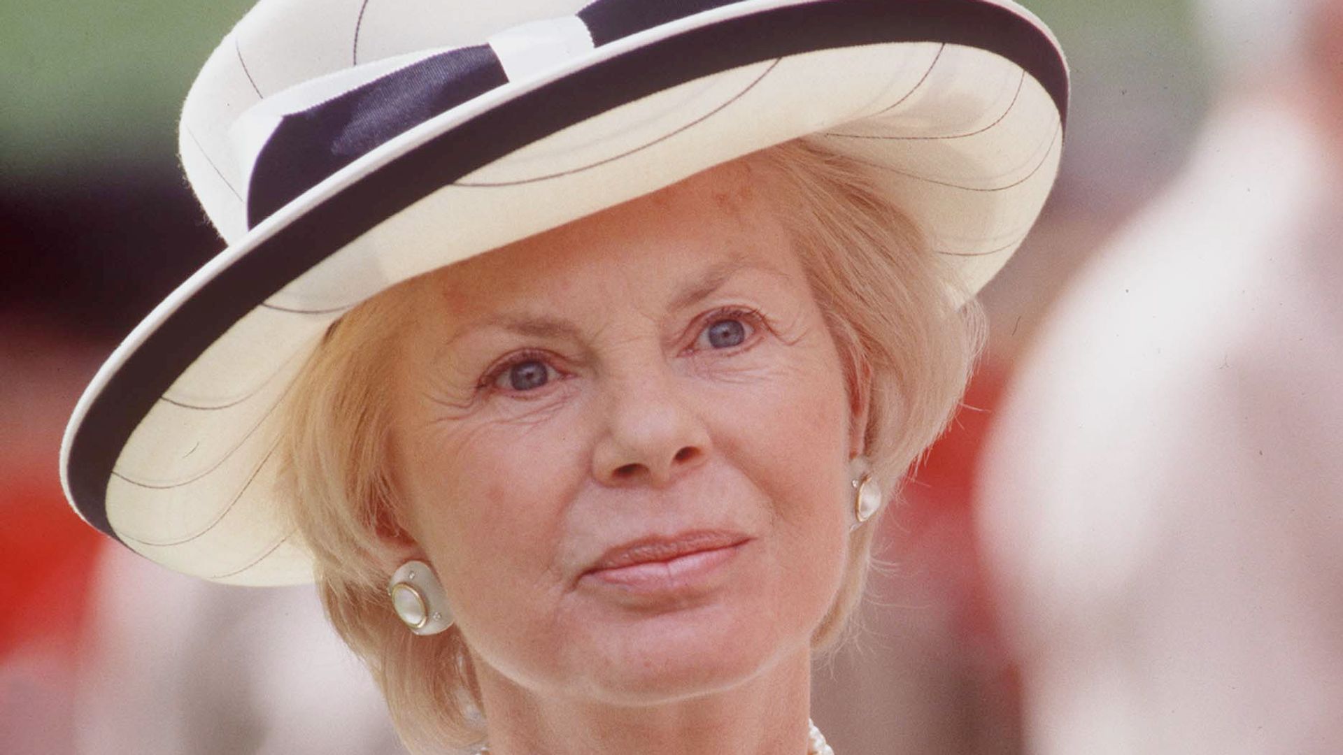 Duchess of Kent wearing cream and navy hat