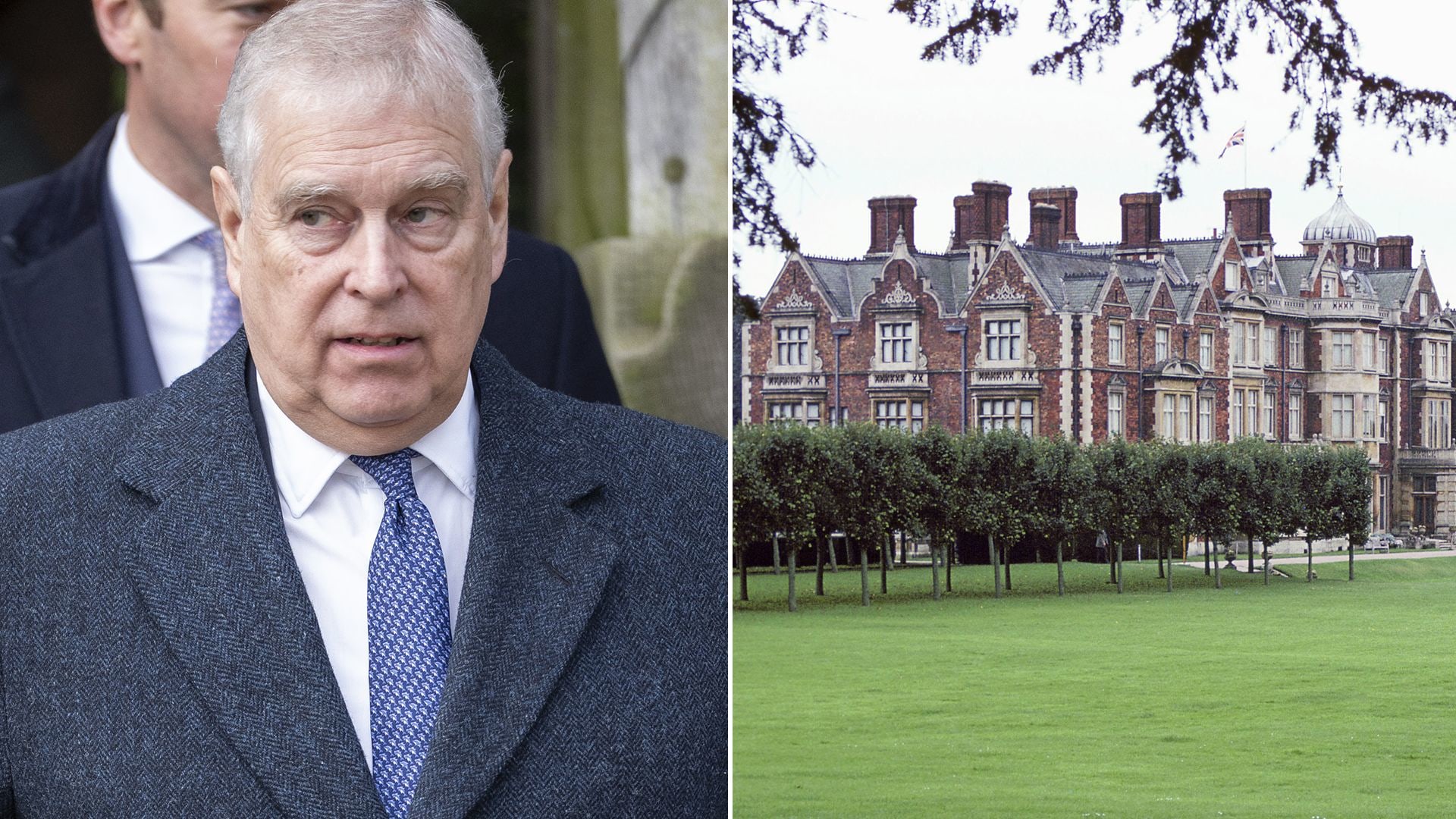 Prince Andrew looking straight-faced next to Sandringham House