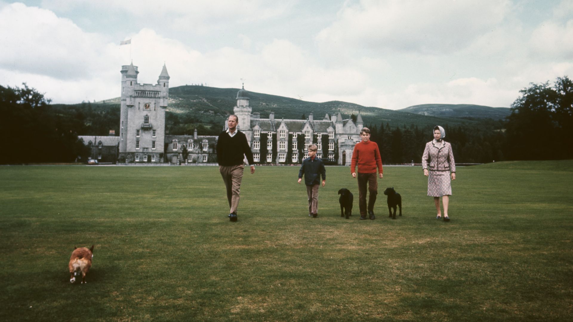 Queen Elizabeth II and Prince Philip, the Duke of Edinburgh with their sons Prince Edward and Prince Andrew (in red) at Balmoral Castle in Scotland, on their Silver Wedding anniversary year, September 1972.  (Photo by Keystone/Hulton Archive/Getty Images)