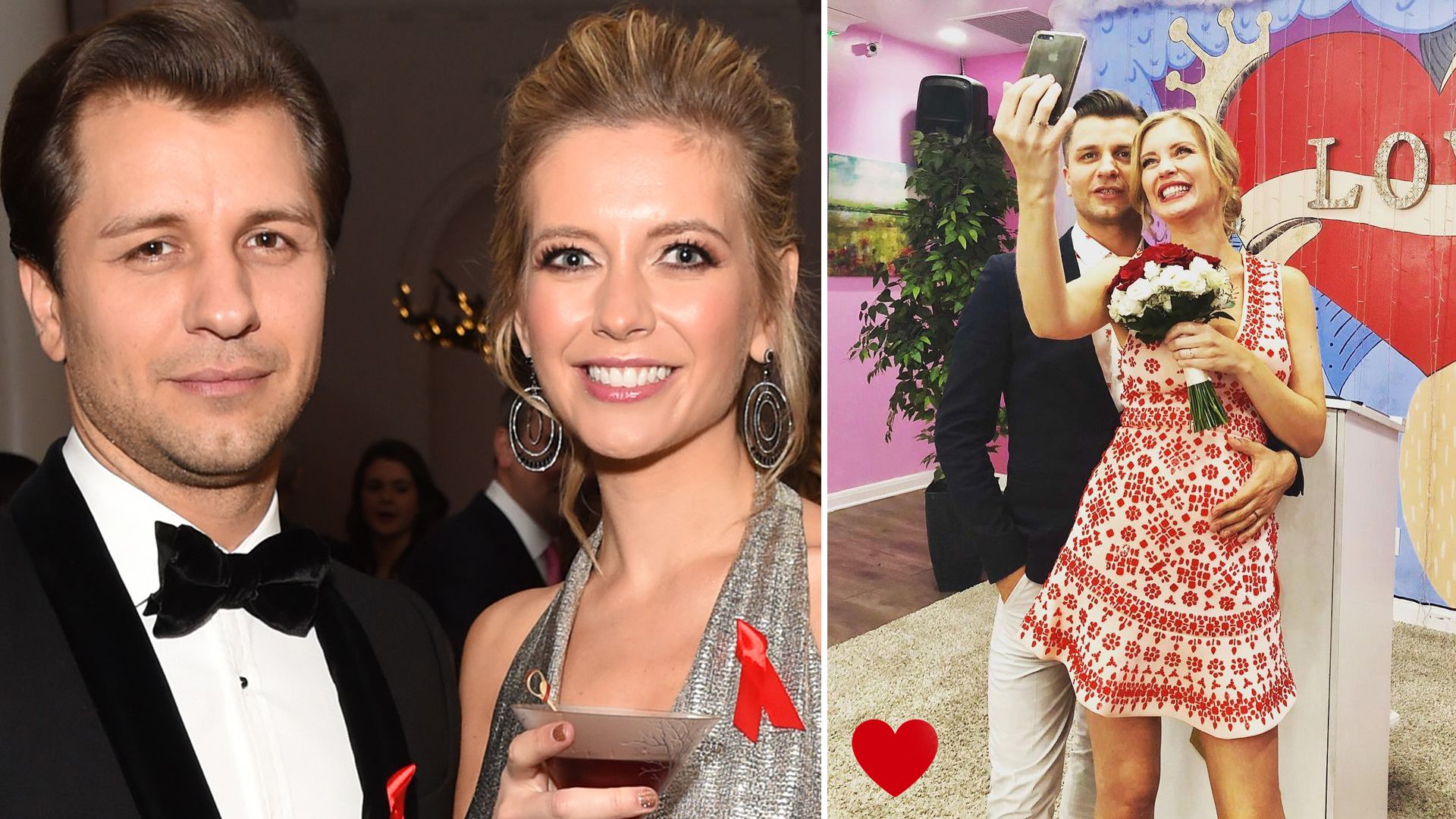 Rachel Riley and Pasha Kovalev smiling on the red carpet and taking a selfie on their wedding day
