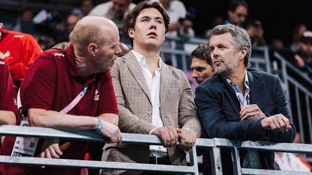 Prince Christian of Denmark, Count of Monpezat and King Frederik X of Denmark before the start of the medal ceremony of the Men's handball 