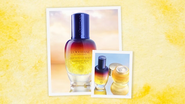 split image loccitane serum on yellow background