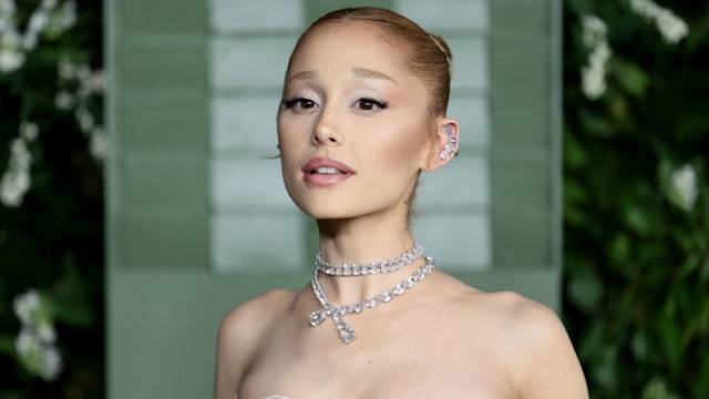 Ariana Grande up close in white strapless dress