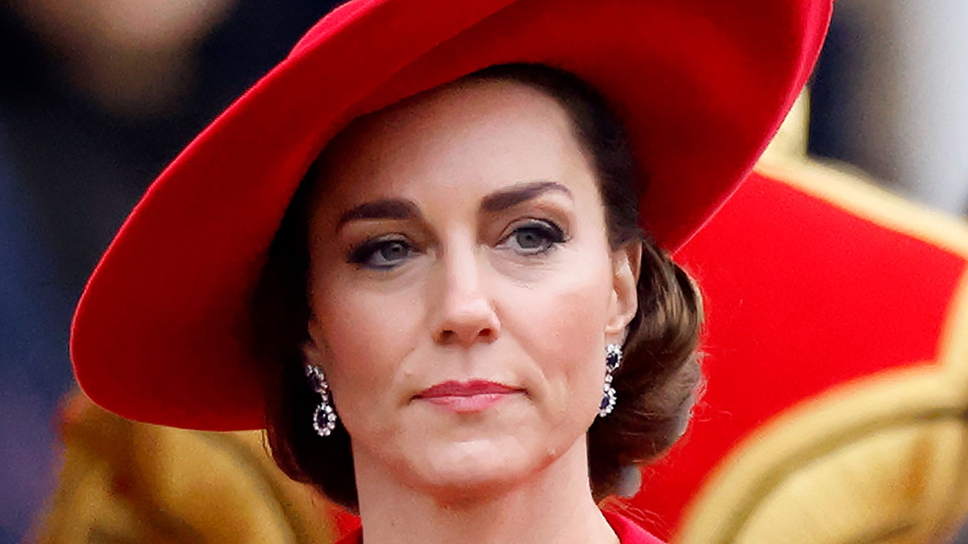Princess Kate looking serious as she attends a ceremonial welcome for the President and the First Lady of the Republic of Korea in November