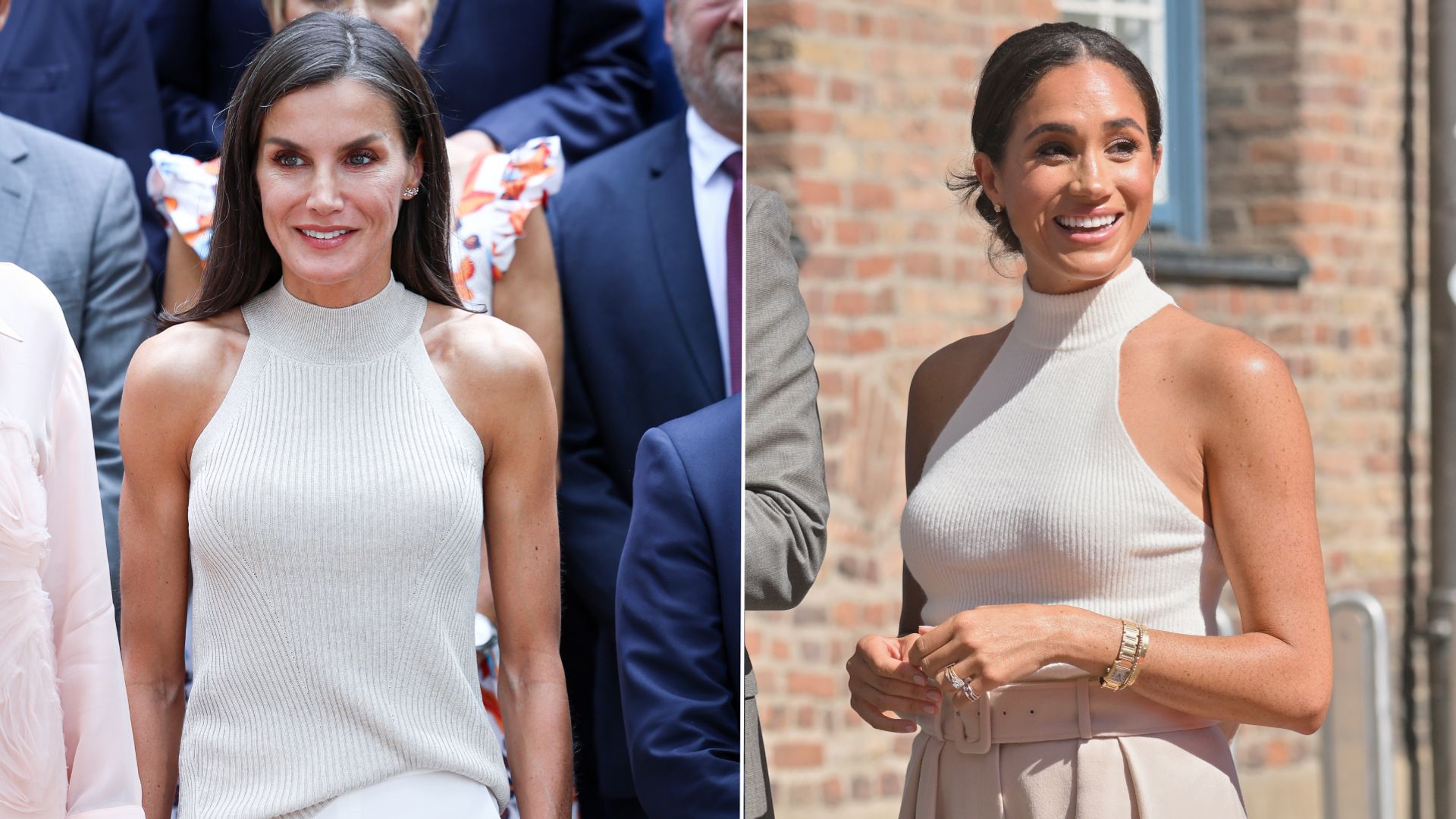 Meghan Markle and Queen Letizia both wearing halter neck knit tops