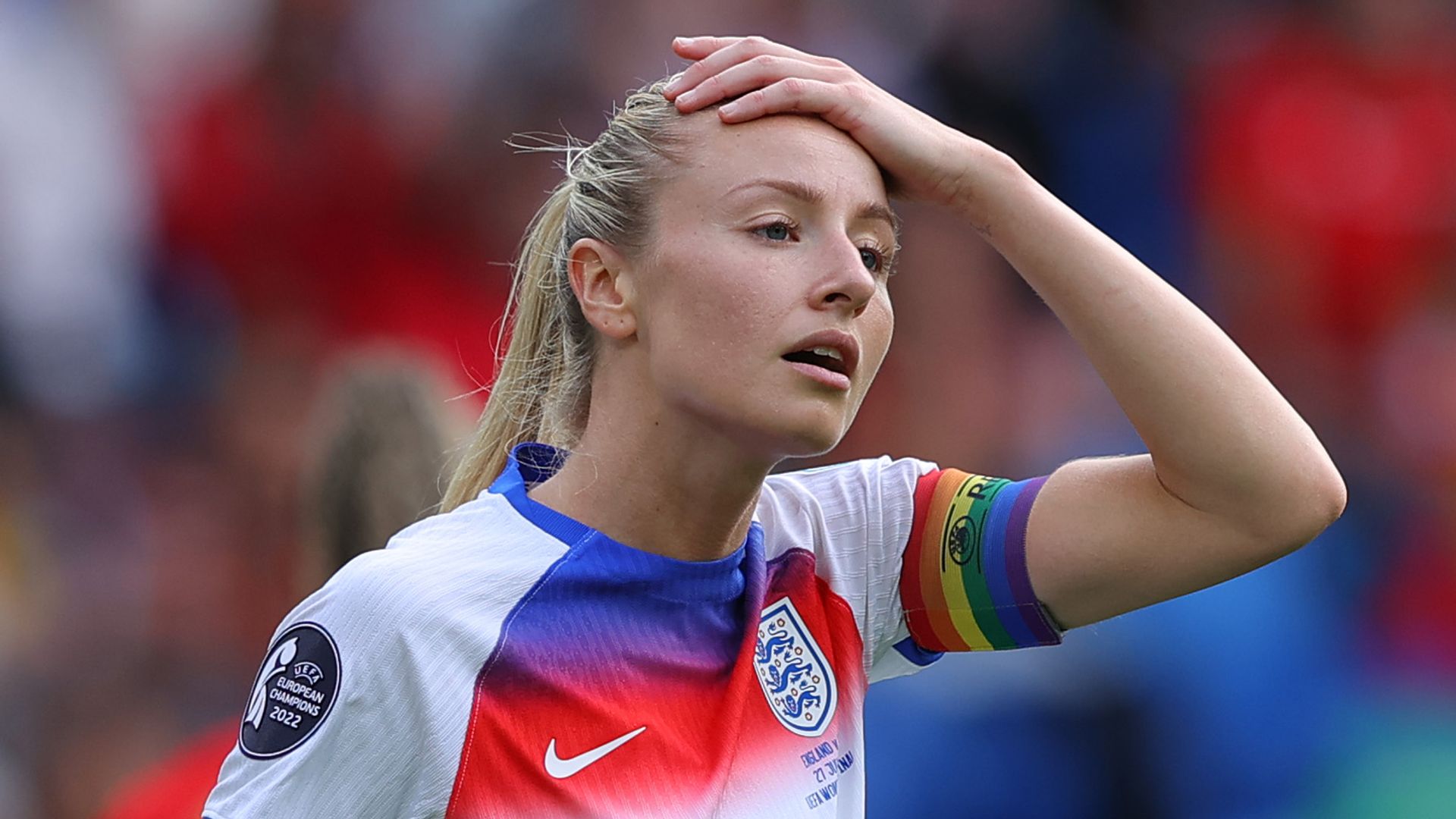 Leah Williamson of England looks dejected during the UEFA Women's EURO 2025 Final match between England and Spain at St. Jakob-Park on July 27, 2025 in Basel, Switzerland