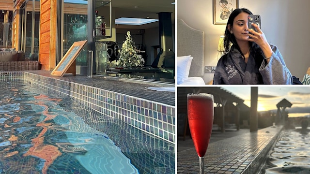 split screen of cocktail, pool and selfie