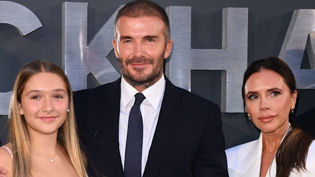 Harper Beckham, David Beckham and Victoria Beckham on red carpet