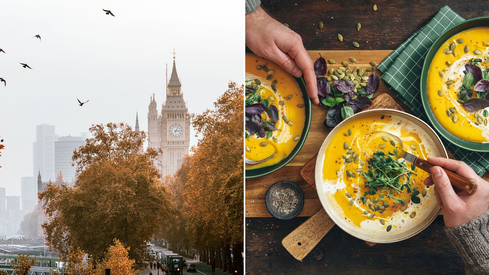 autumnal view of big ben beside photo of pots of pumpkin soup