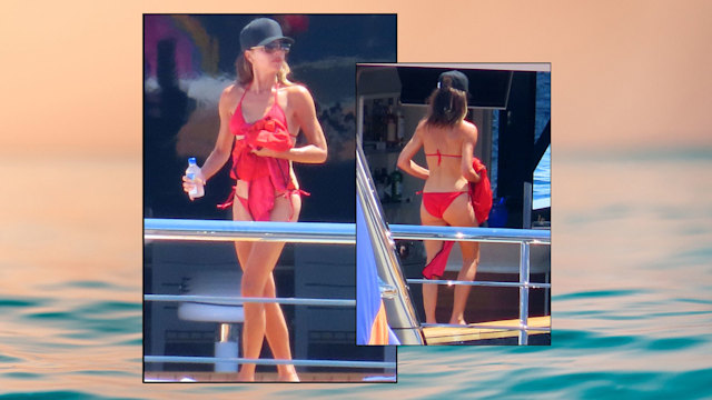 collage of victoria beckham in a red bikini on top of a calm sea