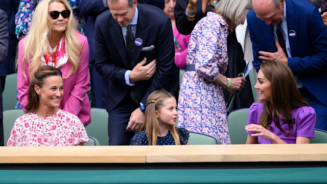 Pippa Middleton, Princess Charlotte and the Princess of Wales court-side of Centre Court during the men's final on day fourteen of the Wimbledon Tennis Championships