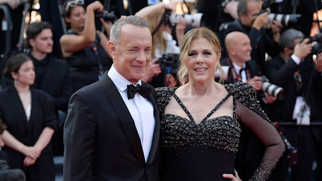 Tom Hanks and Rita Wilson attend the "Asteroid City" red carpet during the 76th annual Cannes film festival at Palais des Festivals