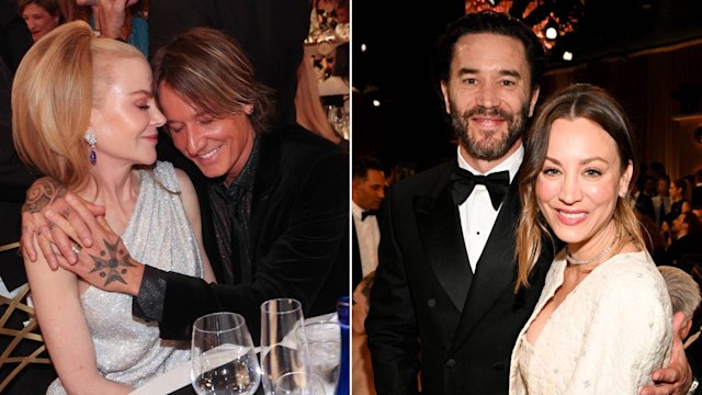 Split image of Nicole Kidman with Keith Urban, and Kaley Cuoco with Tom Pelphrey, at the 2025 Golden Globes