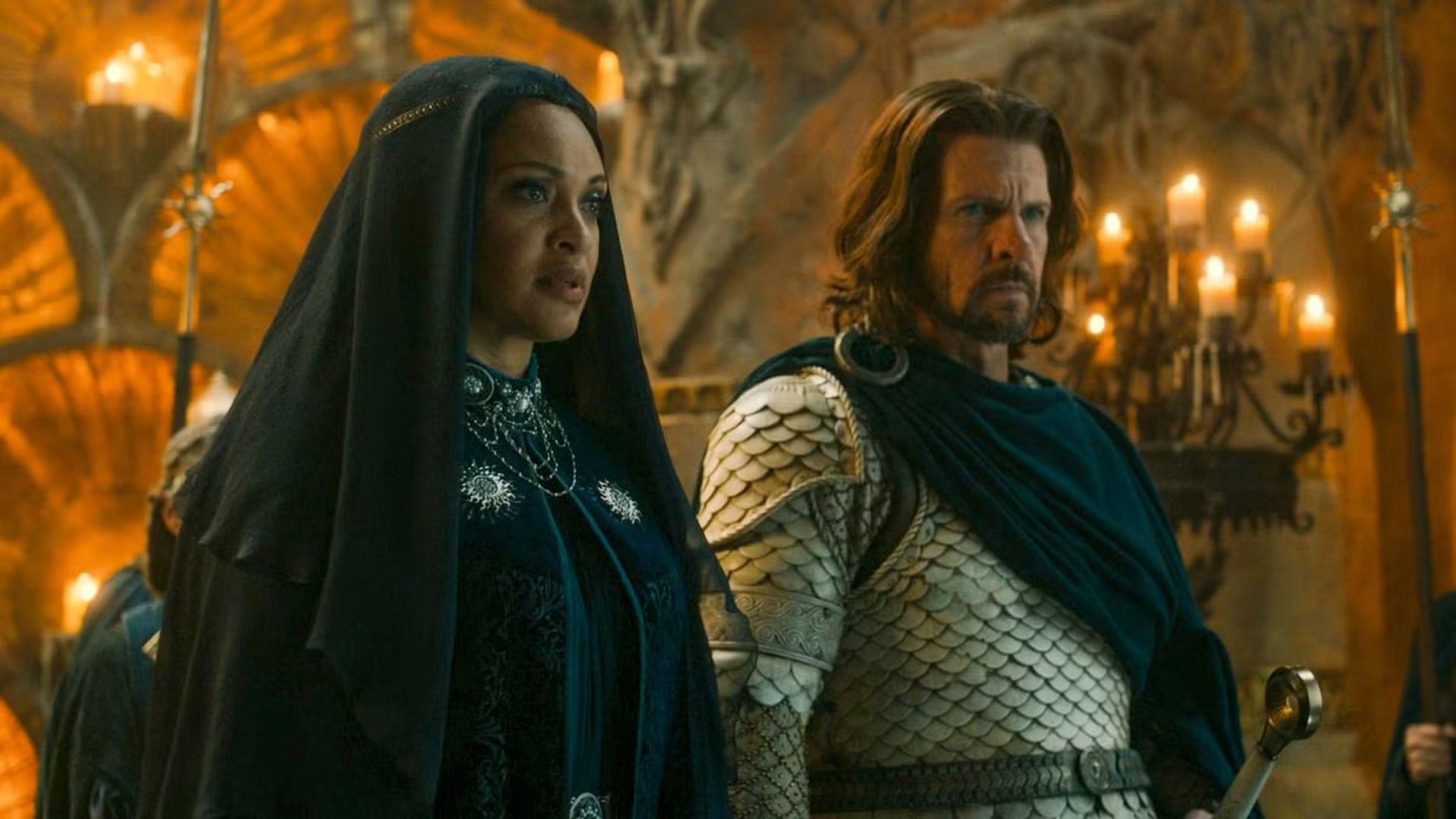 Cynthia Addai-Robinson as Queen Miriel and Owen Lloyd as Elendil in Rings of Power season 3