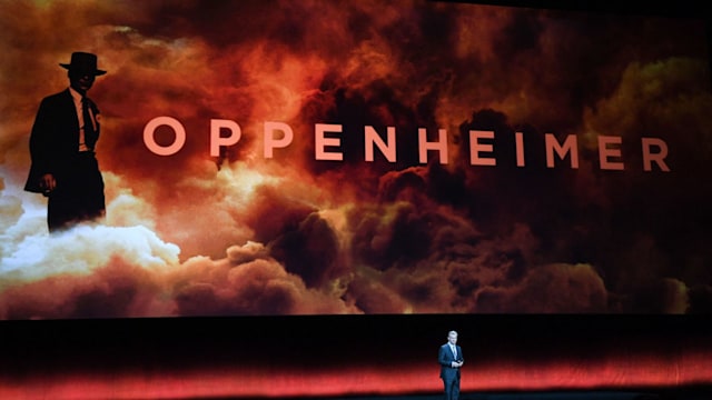 British director Christopher Nolan speaks on stage about his movie "Oppenheimer" during Universal Pictures and Focus Features presentation at CinemaCon 2023, the official convention of the National Association of Theatre Owners (NATO), at The Colosseum at