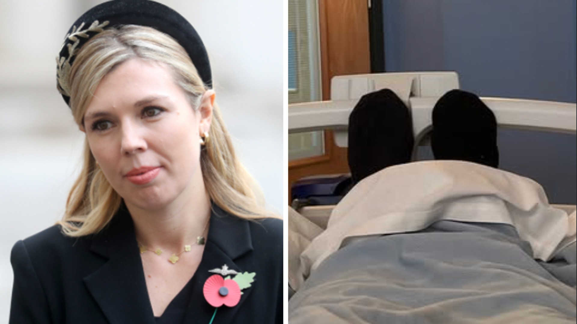 A split image of Carrie Johnson and a hospital bed