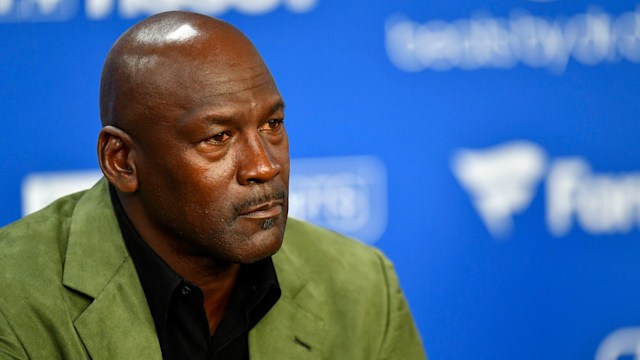Michael Jordan attends a press conference before the NBA Paris Game match between Charlotte Hornets and Milwaukee Bucks on January 24, 2020 in Paris, France