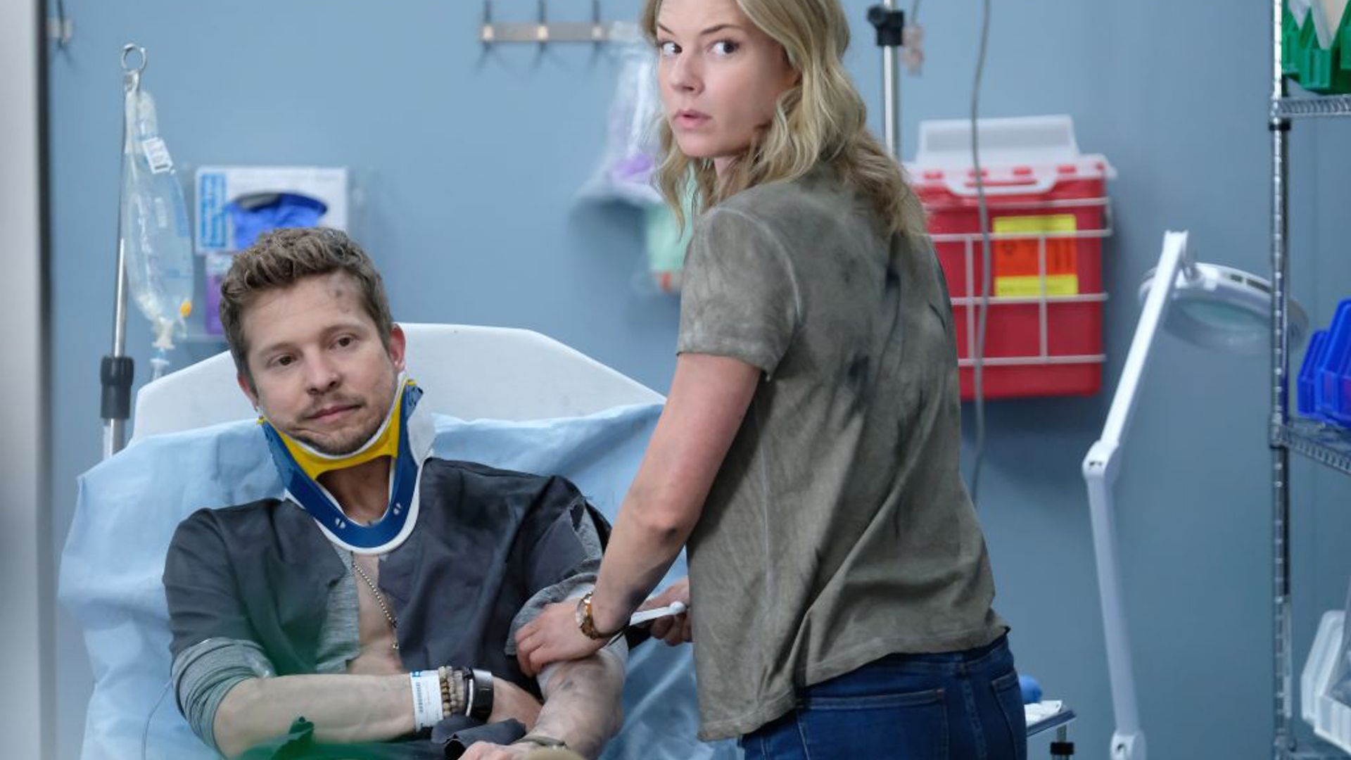 Matt Czuchry and Emily VanCamp in the "From the Ashes" season premiere episode of The Resident