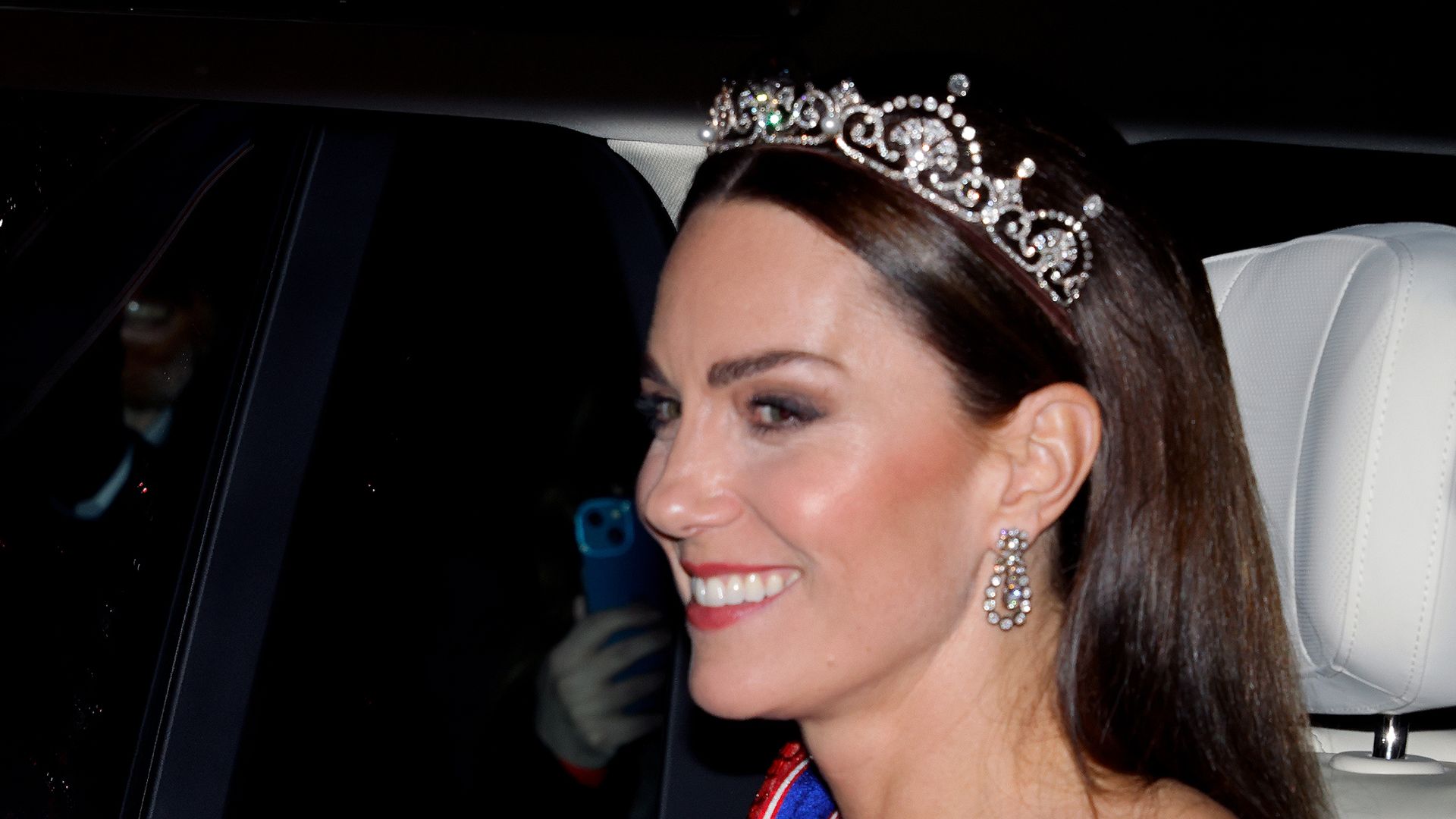 The Princess of Wales wearing the Lotus Flower tiara and her GCVO sash for the Diplomatic reception