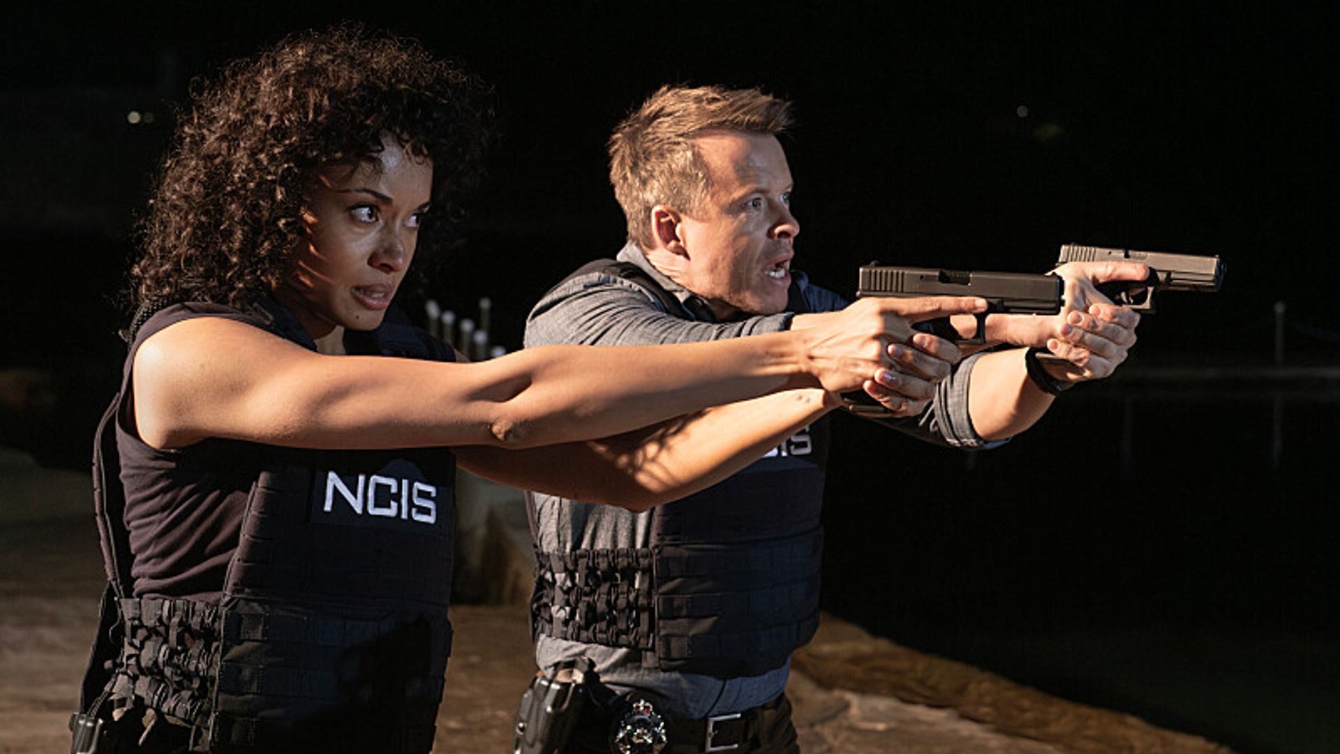 Olivia Swann as NCIS Special Agent Captain Michelle Mackey and Todd Lasance as AFP Liaison Officer Sergeant Jim Dempsey in NCIS: Sydney 