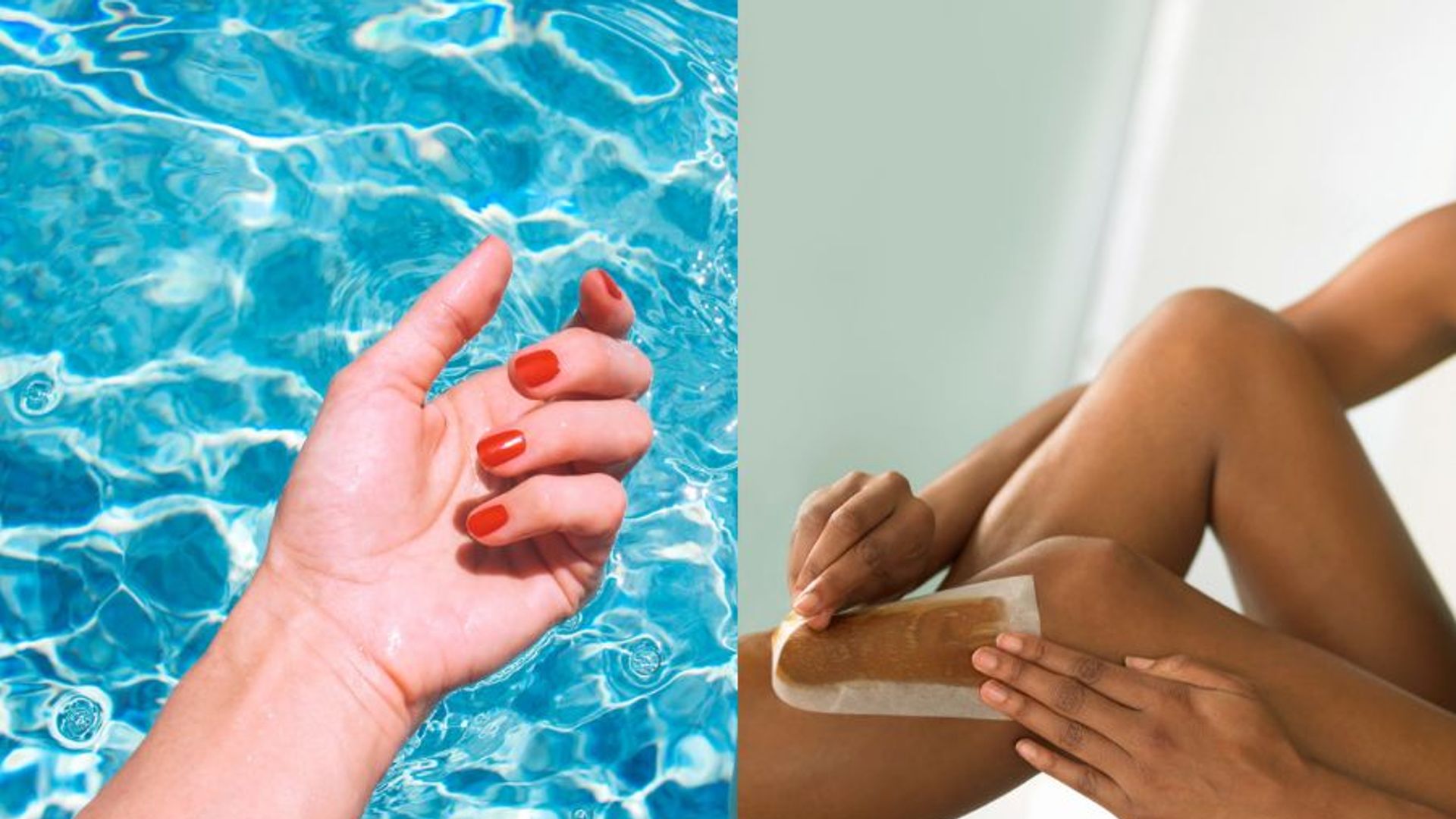 Split screen of a woman waxing and a hand in front of a swimming pool