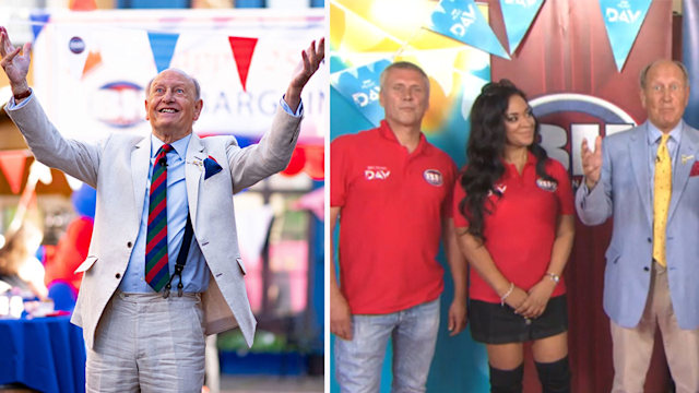 Man throwing arms in air in celebration, split image with two people in red shirts next to TV presenter