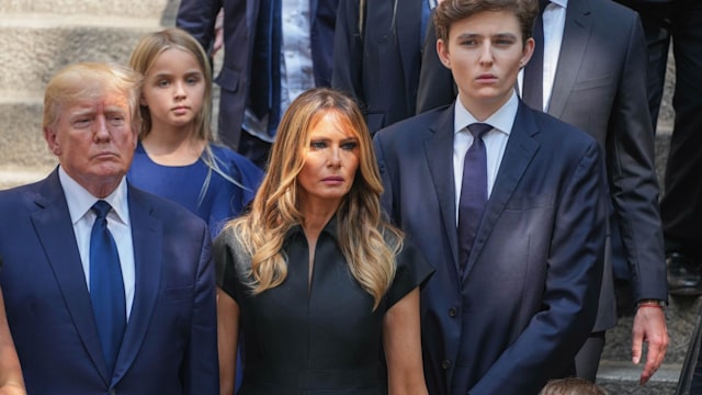 NEW YORK, NY - JULY 20: Donald Trump, Melania Trump and Barron Trump are seen  at the funeral of Ivana Trump on July 20, 2022 in New York City.  (Photo by JNI/Star Max/GC Images)