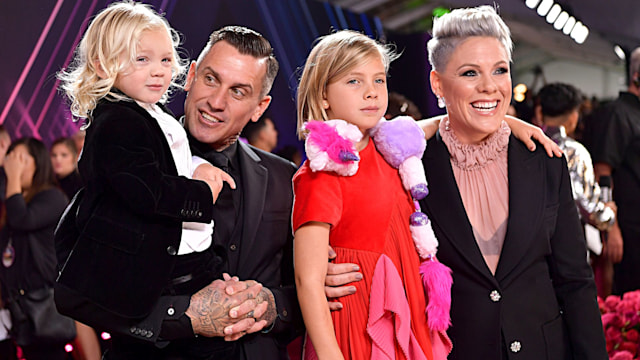 Jameson Hart, Carey Hart, Willow Sage Hart and Pink arrive to the 2019 E! People's Choice Awards held at the Barker Hangar on November 10, 2019