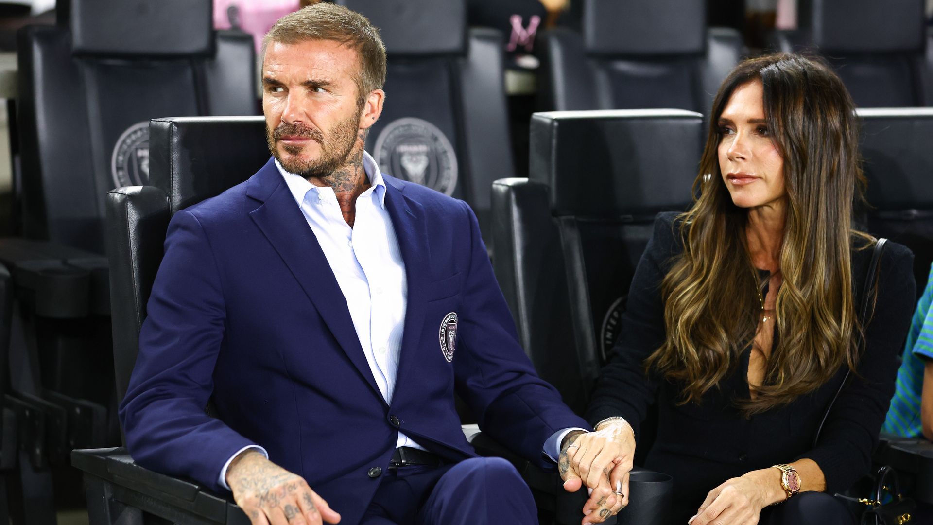 FORT LAUDERDALE, FLORIDA - OCTOBER 18: Co-owner David Beckham of Inter Miami CF and wife Victoria Beckham look on prior to a game between Charlotte FC and Inter Miami at DRV PNK Stadium on October 18, 2023 in Fort Lauderdale, Florida. (Photo by Megan Briggs/Getty Images)