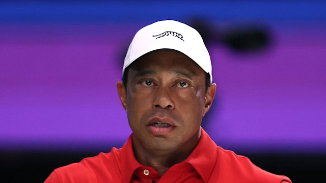Tiger Woods of Jupiter Links Golf Club warms up before their TGL presented by SoFi match /aboat SoFi Center on January 27, 2025 in Palm Beach Gardens, Florida