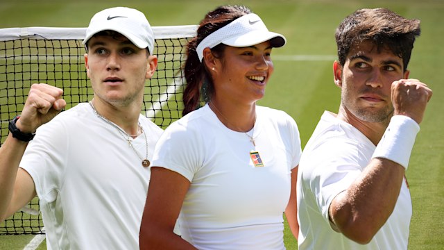 creative image showing jack draper, emma raducanu and carlos alcaraz in front of tennis court