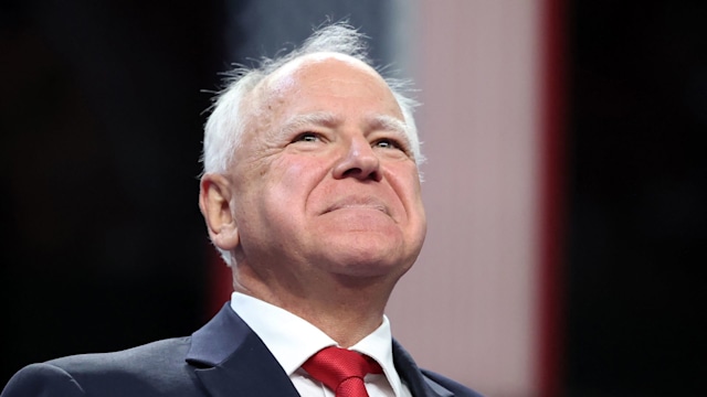 Tim Walz looks on during a campaign rally at the Thomas and Mack Center, University of Nevada in Las Vegas, Nevada, on August 10, 2024