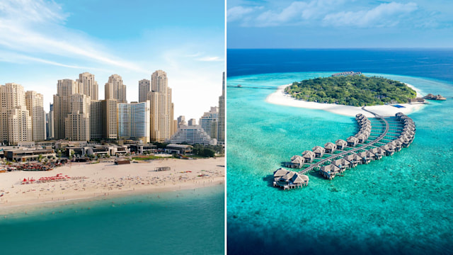 Split image of Dubai and Maldives