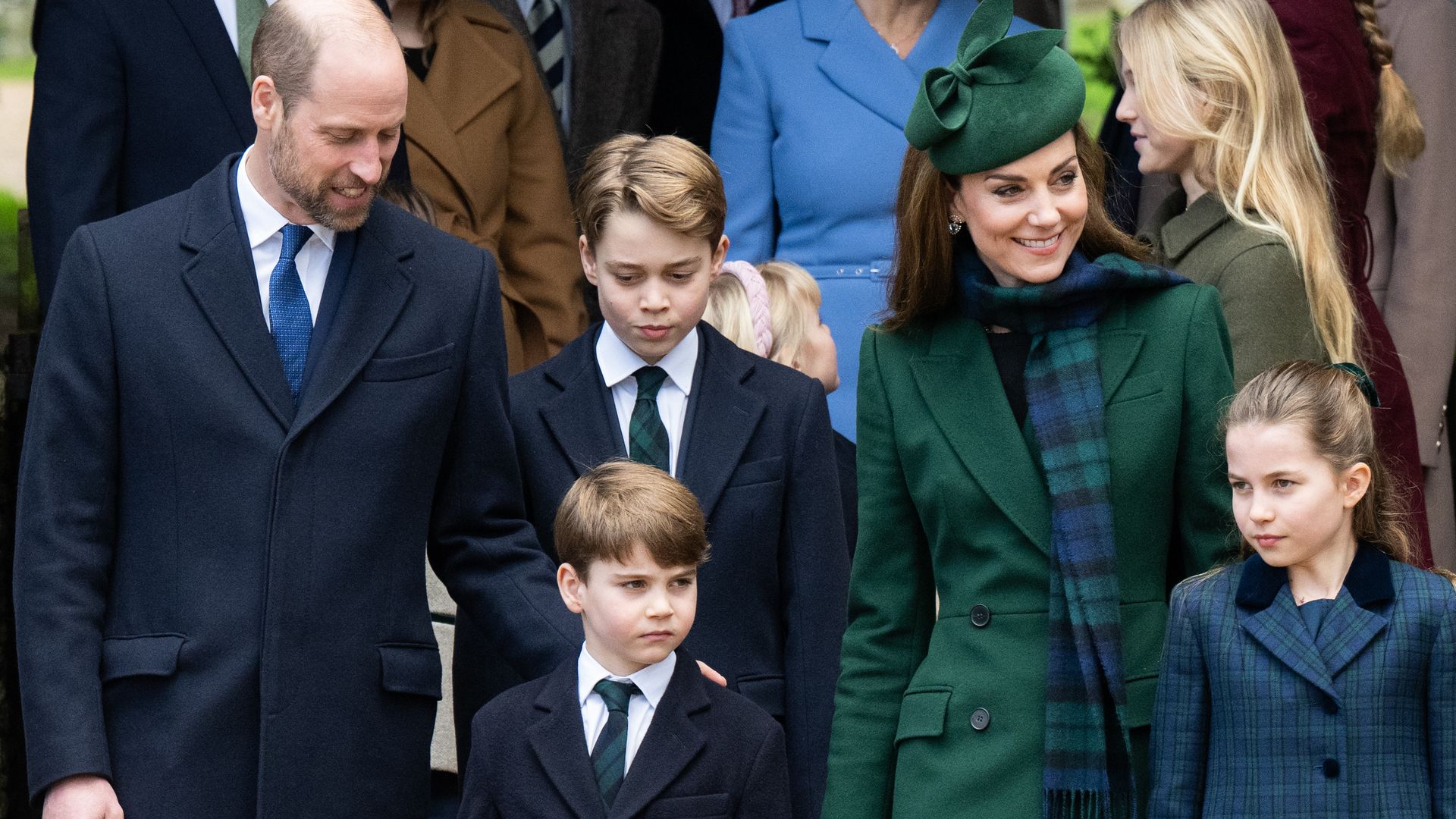 Prince William, Prince of Wales, Prince Louis of Wales, Prince George of Wales, Catherine, Princess of Wales and Princess Charlotte of Wales attend the Christmas Morning Service at Sandringham Church on December 25, 2024 in Sandringham, Norfolk. 